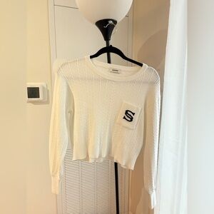 Sandro Dorian White Cable Knit Cropped Sweater